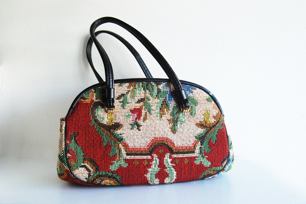 Vintage Boho Tapestry Purse By "Meyers" - Embroidery Carpet Handbag