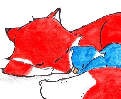Sleepy fox and Birdy 8x10  Archival Print