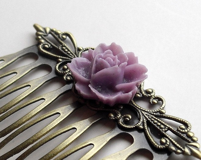 Hair Comb - Antique Brass with Lavender Lotus