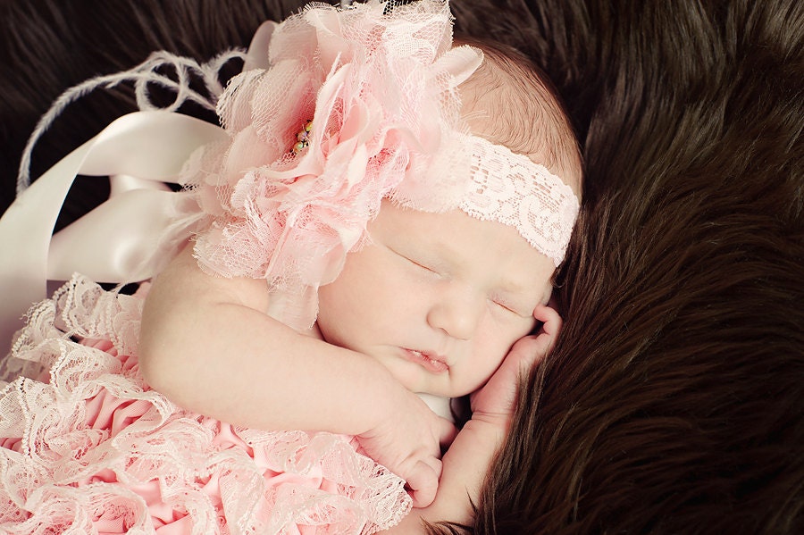 Light Pink Lace and Chiffon Handmade Flower Headband with Ostrich Feathers