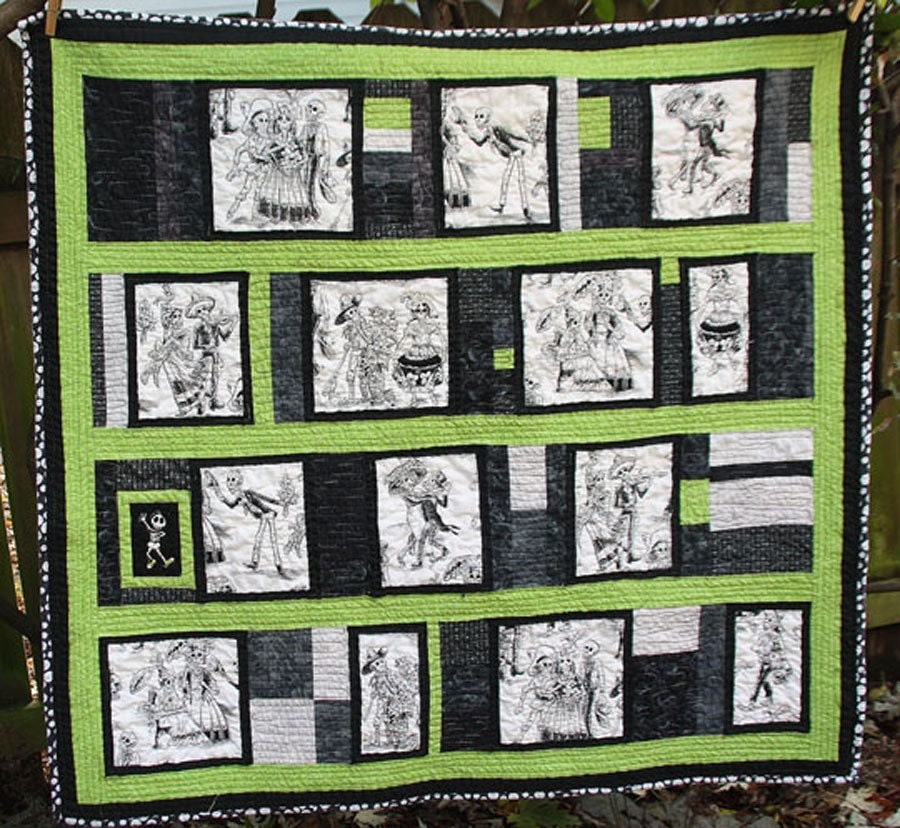 Throw Quilt Featuring Day of the Dead in Black, White and Green  Custom Order Yours Today