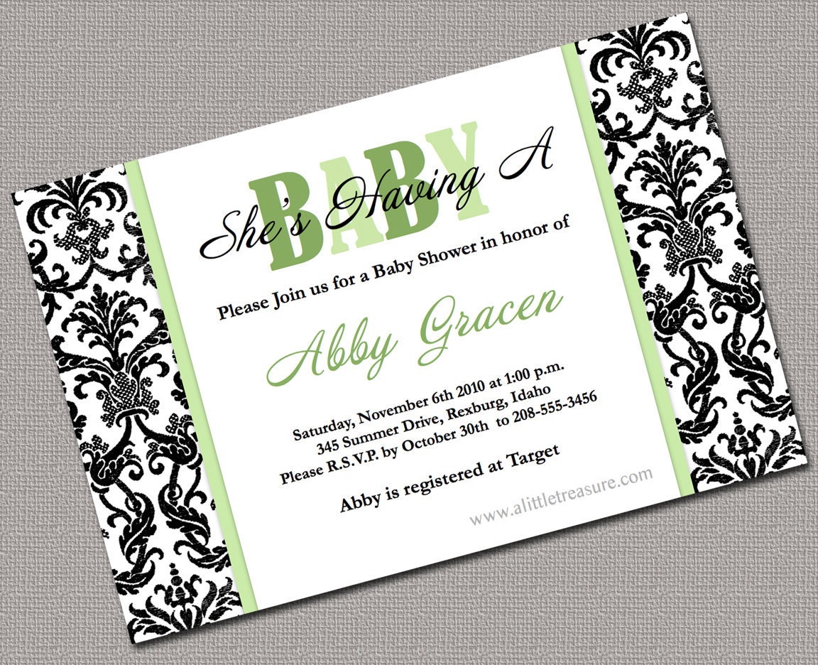 Damask Baby Shower Invitations - Neutral Baby Shower Invite - Black, Green - 904