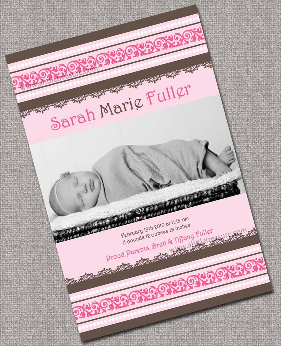 Unique Birth Announcements - Girl Baby Announcements, Pink and Brown - 270