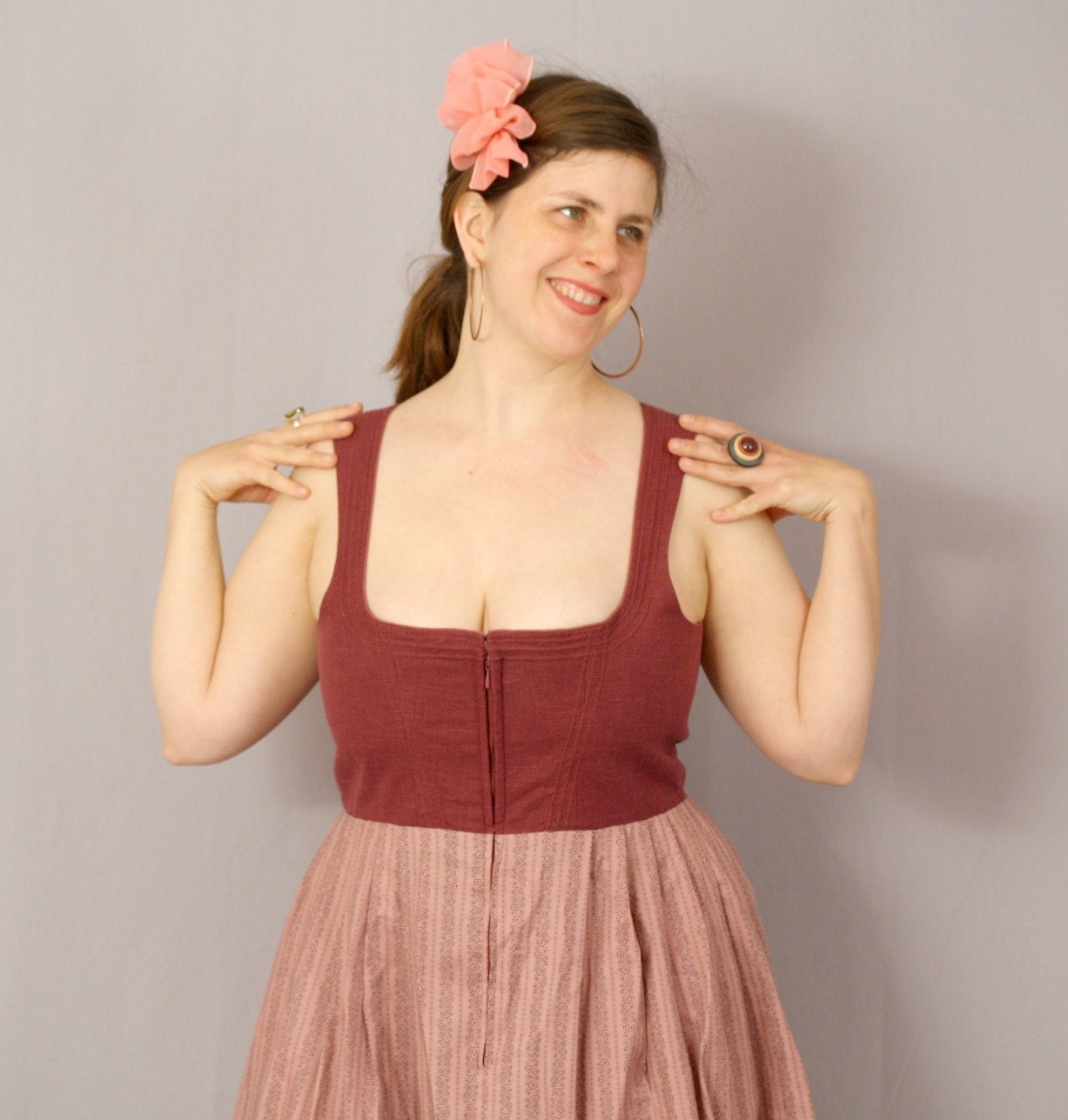 Sale Vintage Balkonett Dirndl / Burgundy with Dusty Rose / Linen Cotton Blend / Plus Size Clearance Oktoberfest