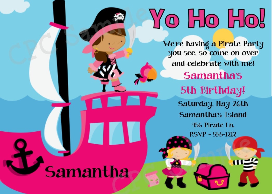 Girl Pirate Party Birthday Invitation Pink Pirate Birthday Party Invitations Printable or Printed