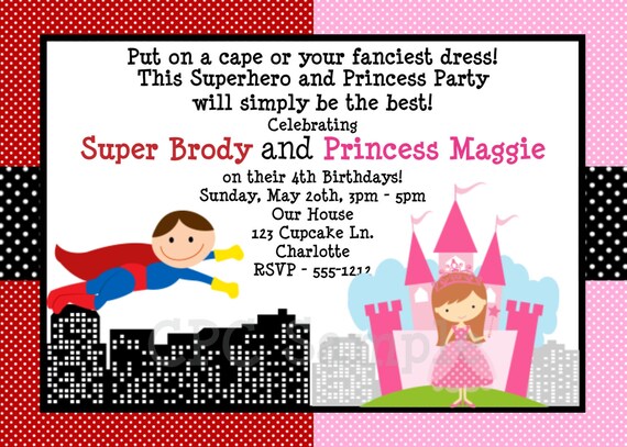 Superhero Princess Birthday Invitation Twins Superhero and Cupcake Birthday Invitation Printable or Printed Il_570xn