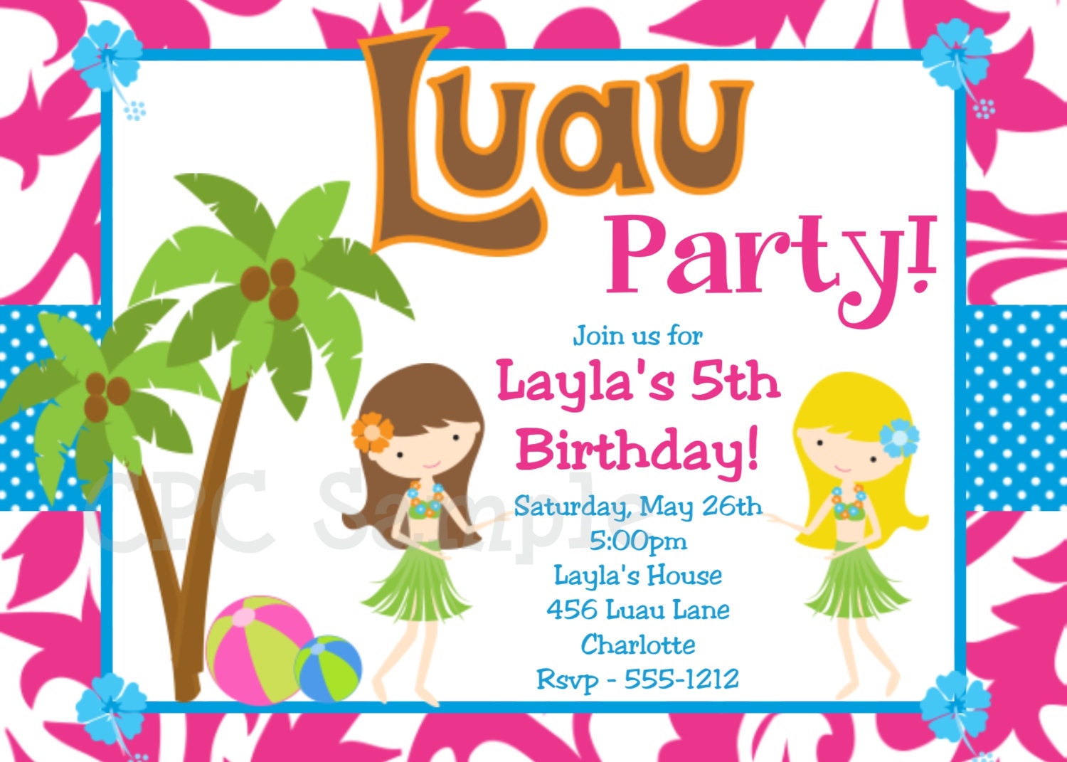 Luau Birthday Invitation Hawaiian Beach by CutiesTieDyeBoutique