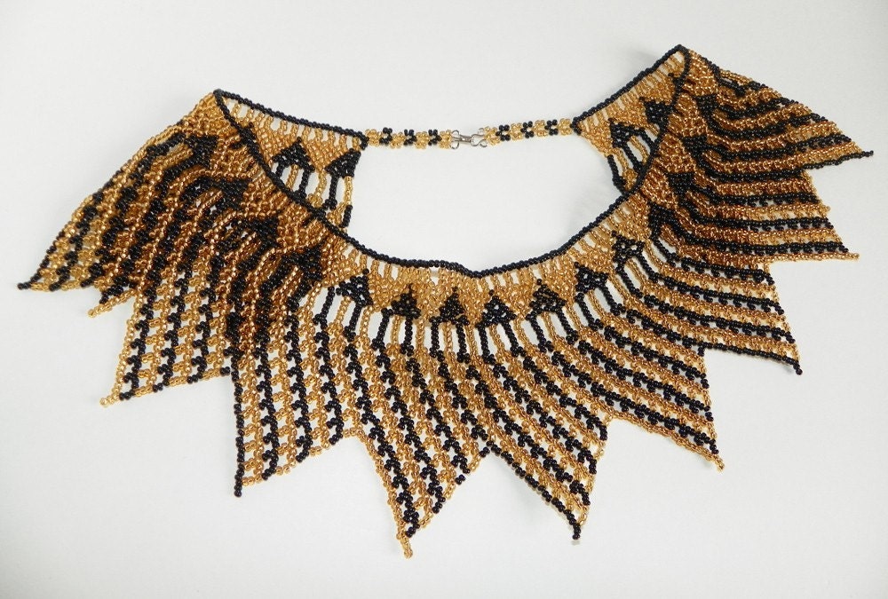 CHRISTMAS SALE Bib Necklace Vintage Art Deco Regal Chevron Black & Gold Collar One of a Kind Statement