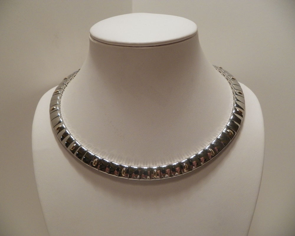 Bib Necklace Vintage Milor Italy Stainless Steel & 18k Gold Collar  - Silver - Modernist - Minimalist