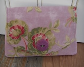 Little Wallet gift card and credit card holder with green and pink geranium leaves print with vintage purple button