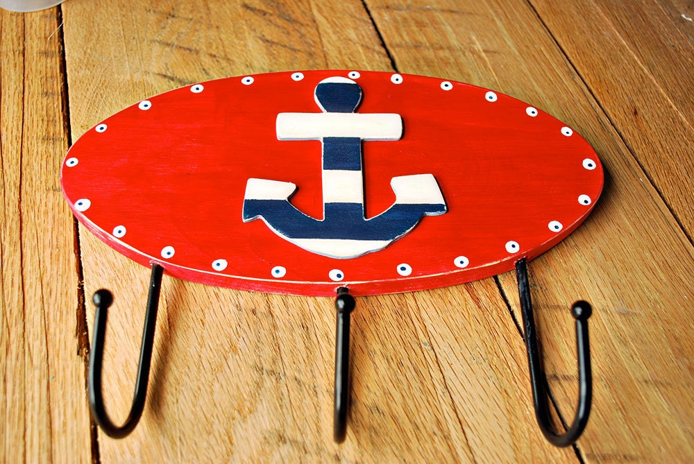 anchor wall hook nautical beachy key hook red white and blue hand painted by oscar & ollie