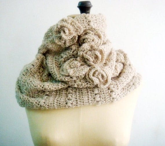 Crochet Cowl Infinity Circle Loop Scarf with Roses