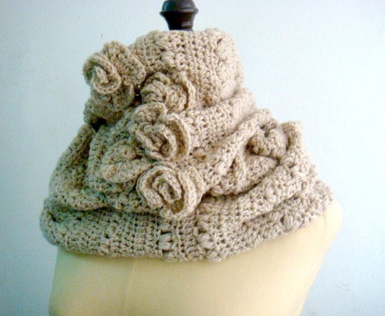 Crochet Cowl Infinity Circle Loop Scarf with Roses