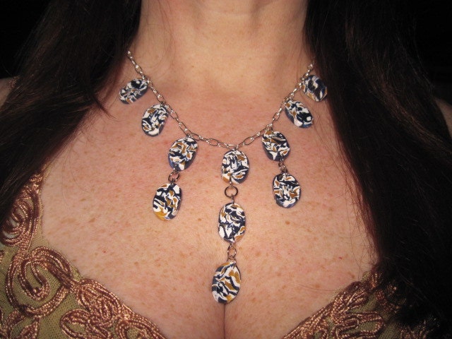 Navy Blue, Gold and White Abstract Design Necklace & Earring Set