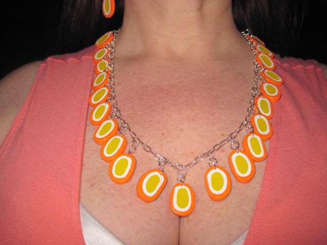 Orange, White and Yellow Polymer Clay Long Necklace and Earrings Set