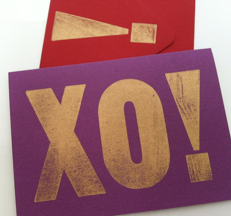 XO...set of 5 purple letterpress note cards with metallic gold