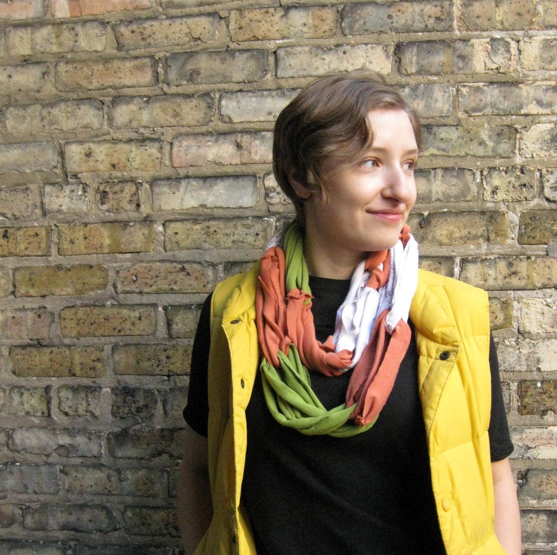 ecofriendly scarf made from upcycled tshirts--- orange green and beige---pumpkin patch