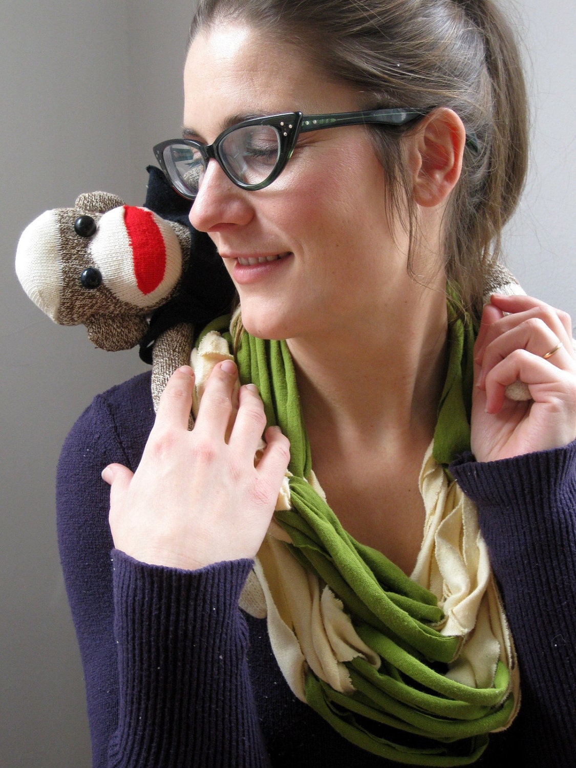 Ecofriendly Scarf made from Upcycled Tshirts- grass green and buttercream