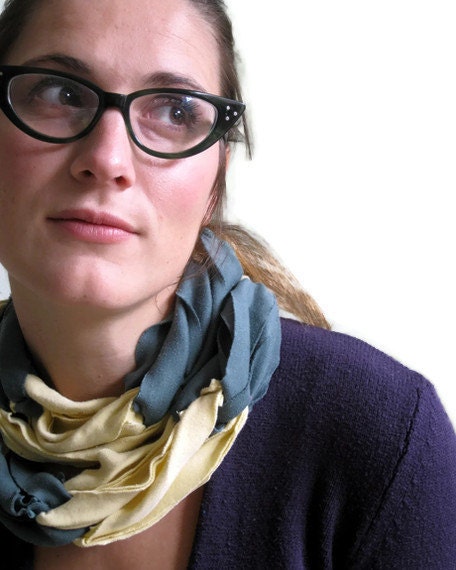 Ecofriendly Scarf made from Upcycled Tshirts- yellow and sage green- cozy