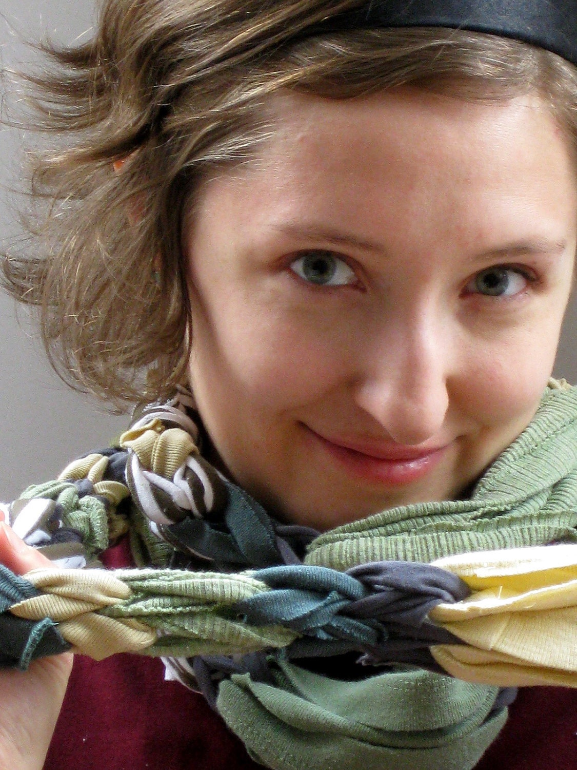 Ecofriendly Scarf made from Upcycled Tshirts- sage, grey, and creamy yellow
