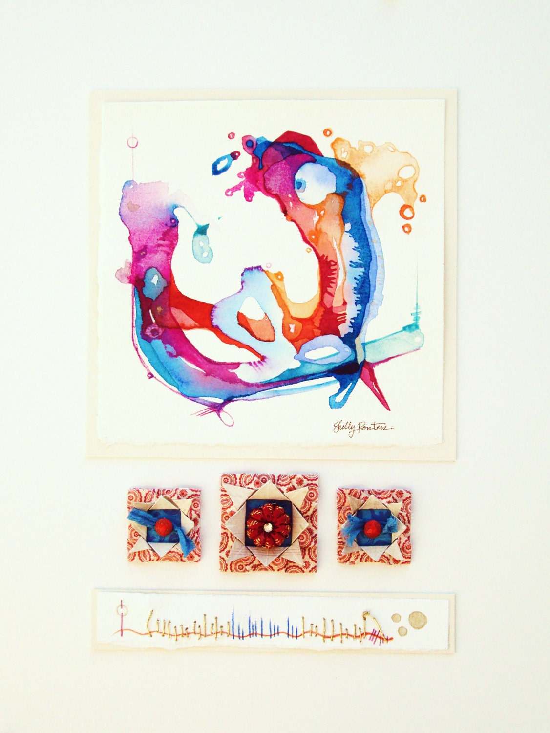 Mixed Media, Watercolor, Original Painting, Abstract, Collage, Origami, Assemblage, Nature, Wall Decor, Sewn Art, Up cycled