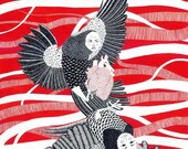 Giclée print - Alkonost and Sirin: Mythical Birds of Happiness and Sadness Fighting for a Human Heart (illustration 11x14)