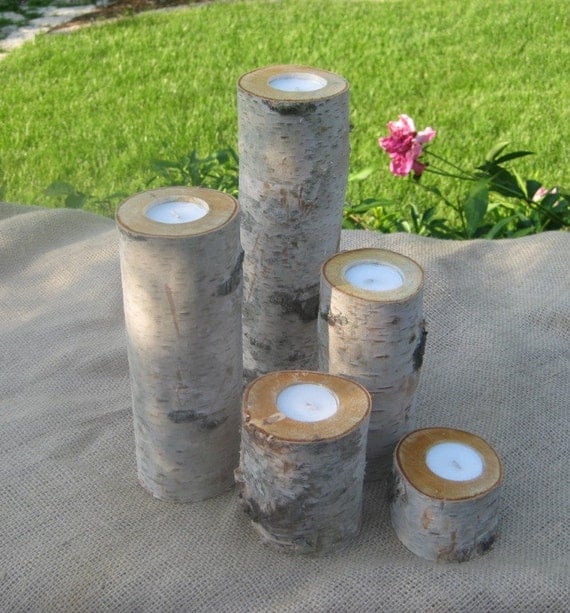 10 LARGE BIRCH  BARK Tea Light Candle Holders  2 sets of 5 - 10",8",6",4", and 2" for your  Centerpieces, Wedding Table, Guestbook