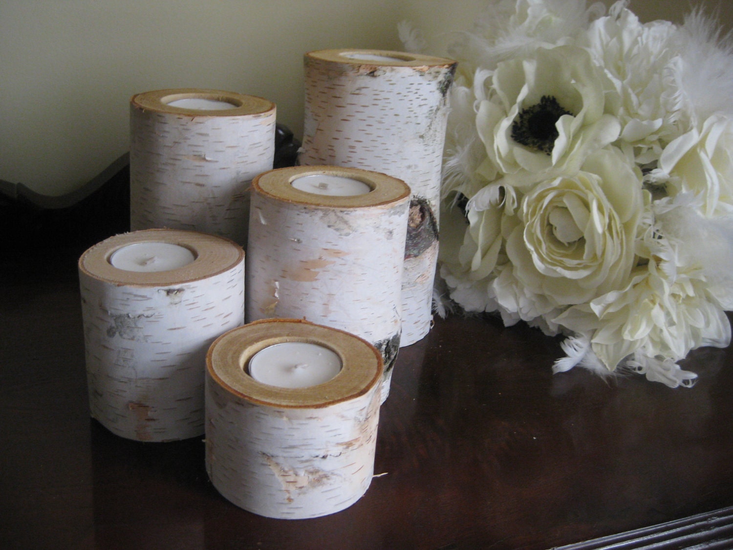 Birch Bark Log Tea Light Candle Holders Set of 5- 6",5",4",3" and 2" for your Wedding Centerpieces