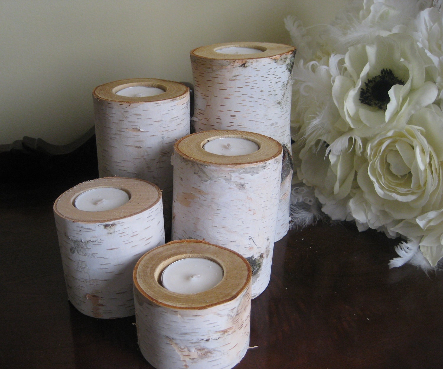 Rustic Birch Bark Log 30 CANDLES  Tea Light  Candle Holders   6 sets of 5 --6",5",4",3" and 2"  Tall -   WEDDING CENTERPIECES