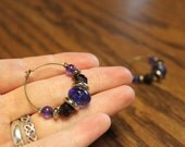 vintage 80's handmade hoop earrings with gold, black, purple beads
