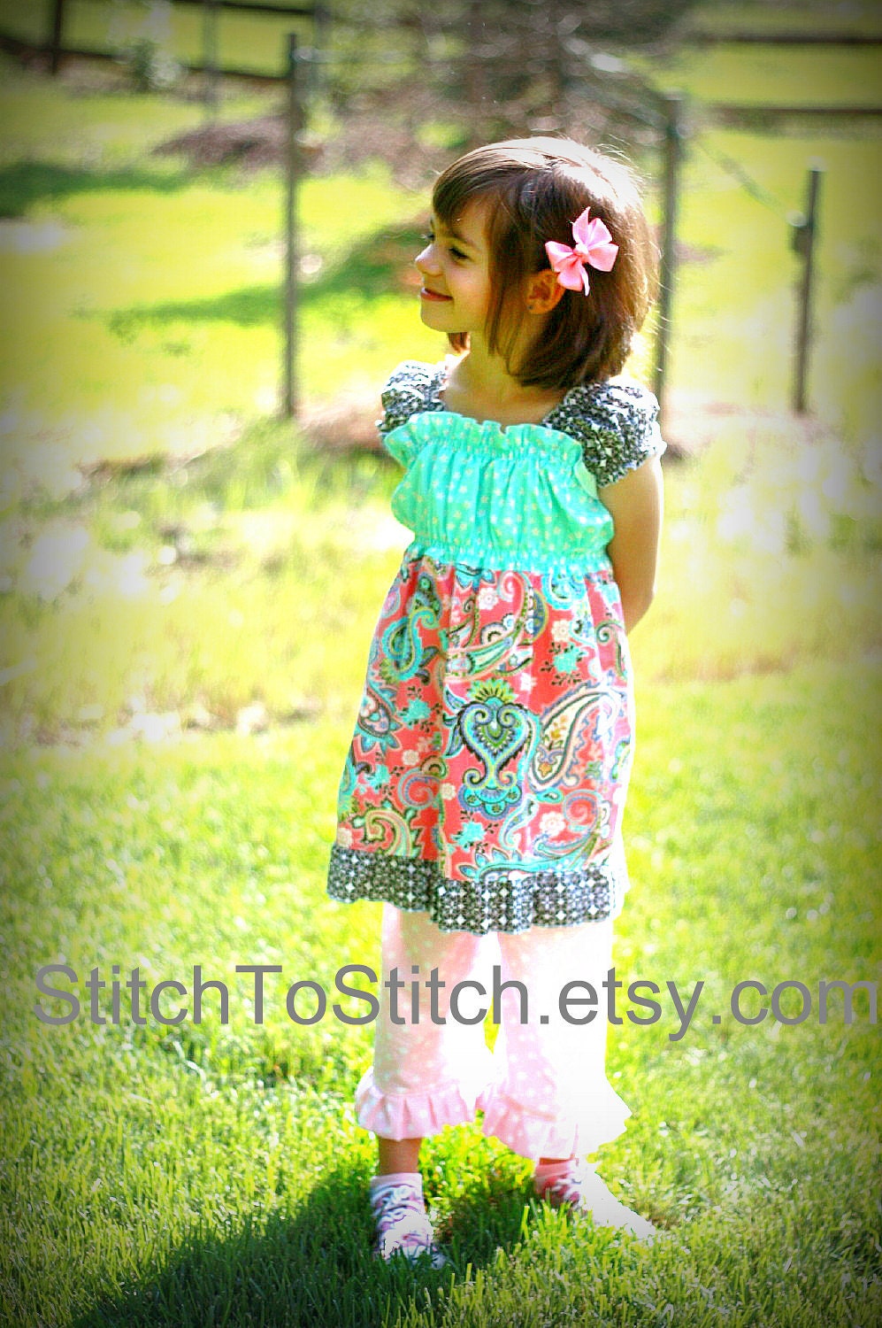 Girls Pink, Aqua and Brown Paisley Peasant Dress