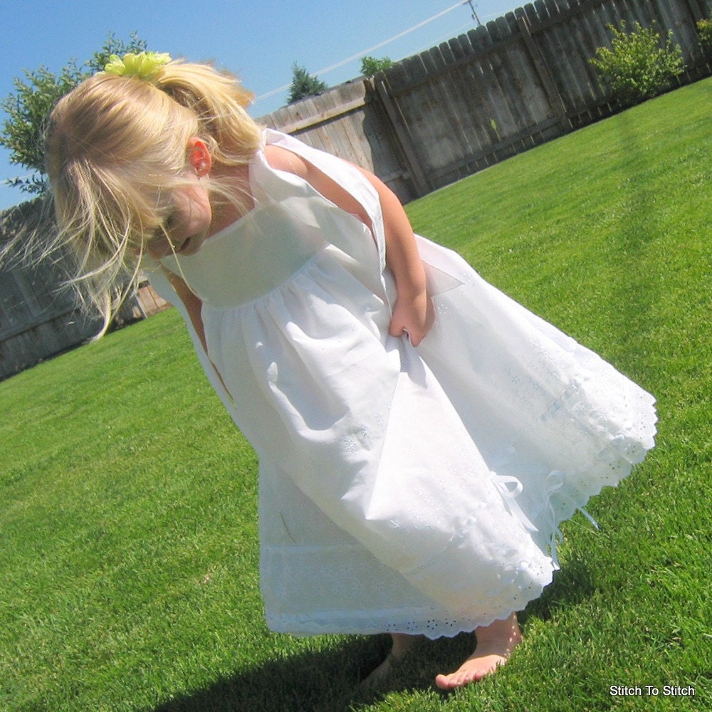 Girls White Eyelet Sundress with Double Ribbon Detail (sizes 12M to 9/10)