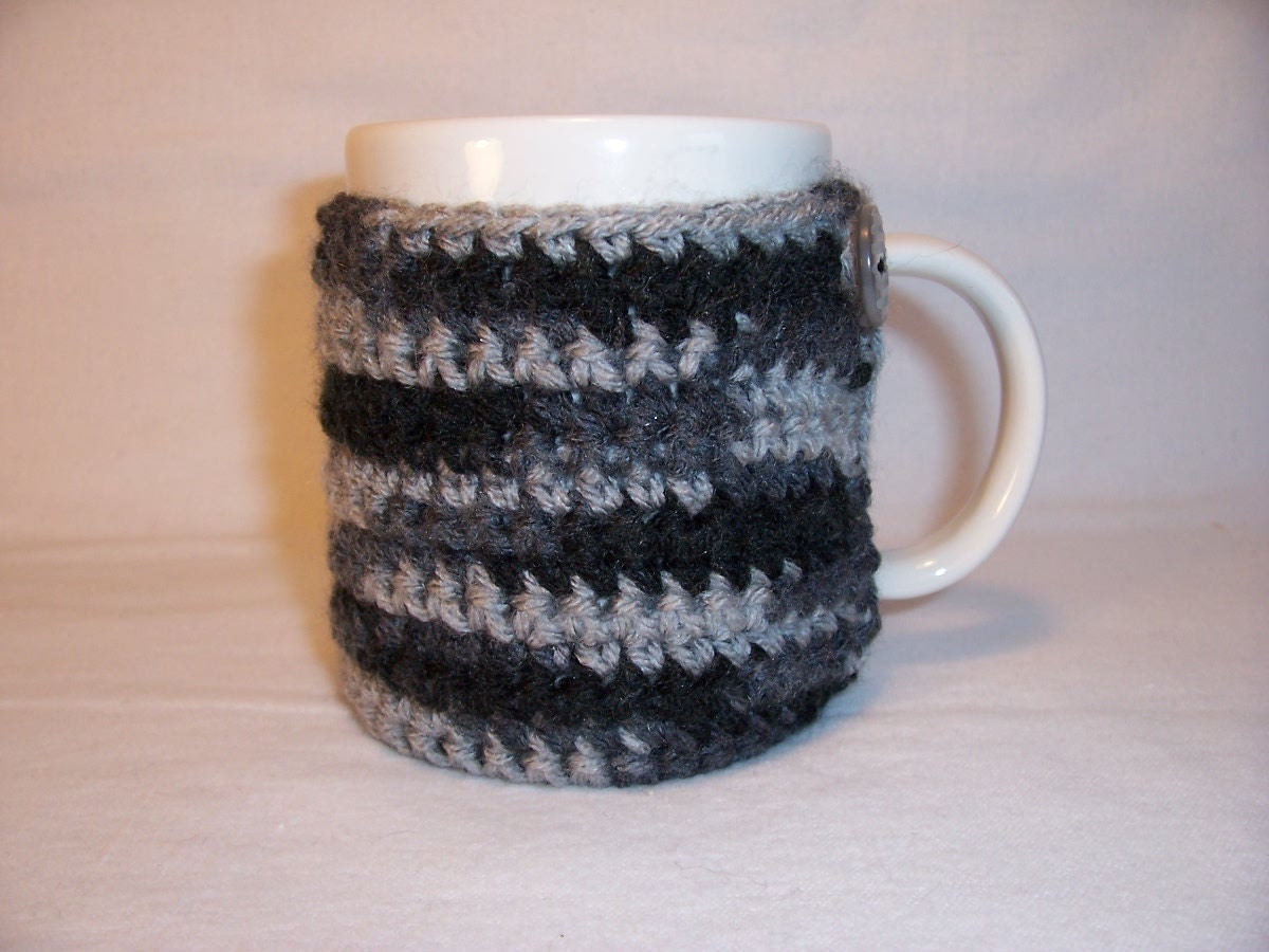 CLEARANCE - Handmade Crocheted Coffee/Tea Mug Cup Cozy in Charcoal Print Color - Ready To Ship