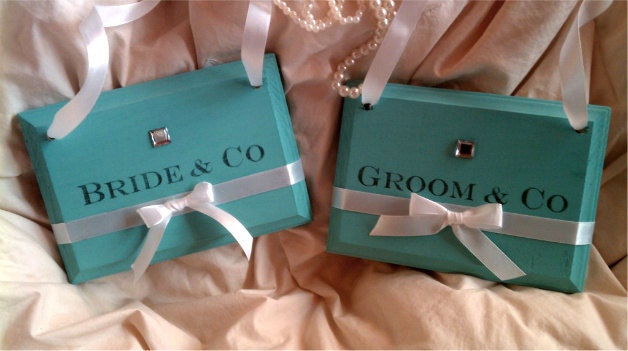 Wedding Sign TIFFANY BLUE with JEWEL Your Wording Bride & Groom Wedding Chair Hangers Blue Wedding