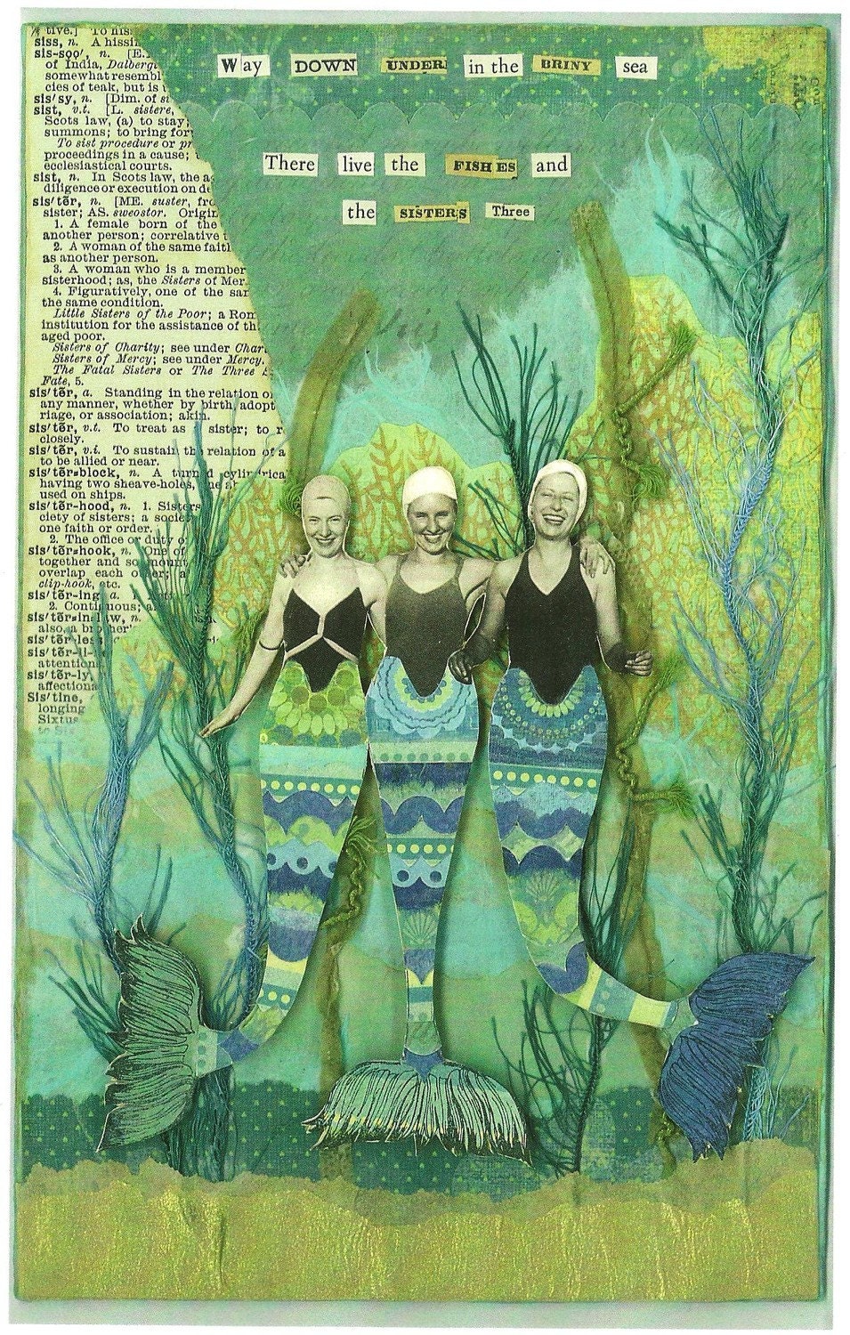 Three Mermaid Sisters Art Print Mixed Media Altered Art Signed