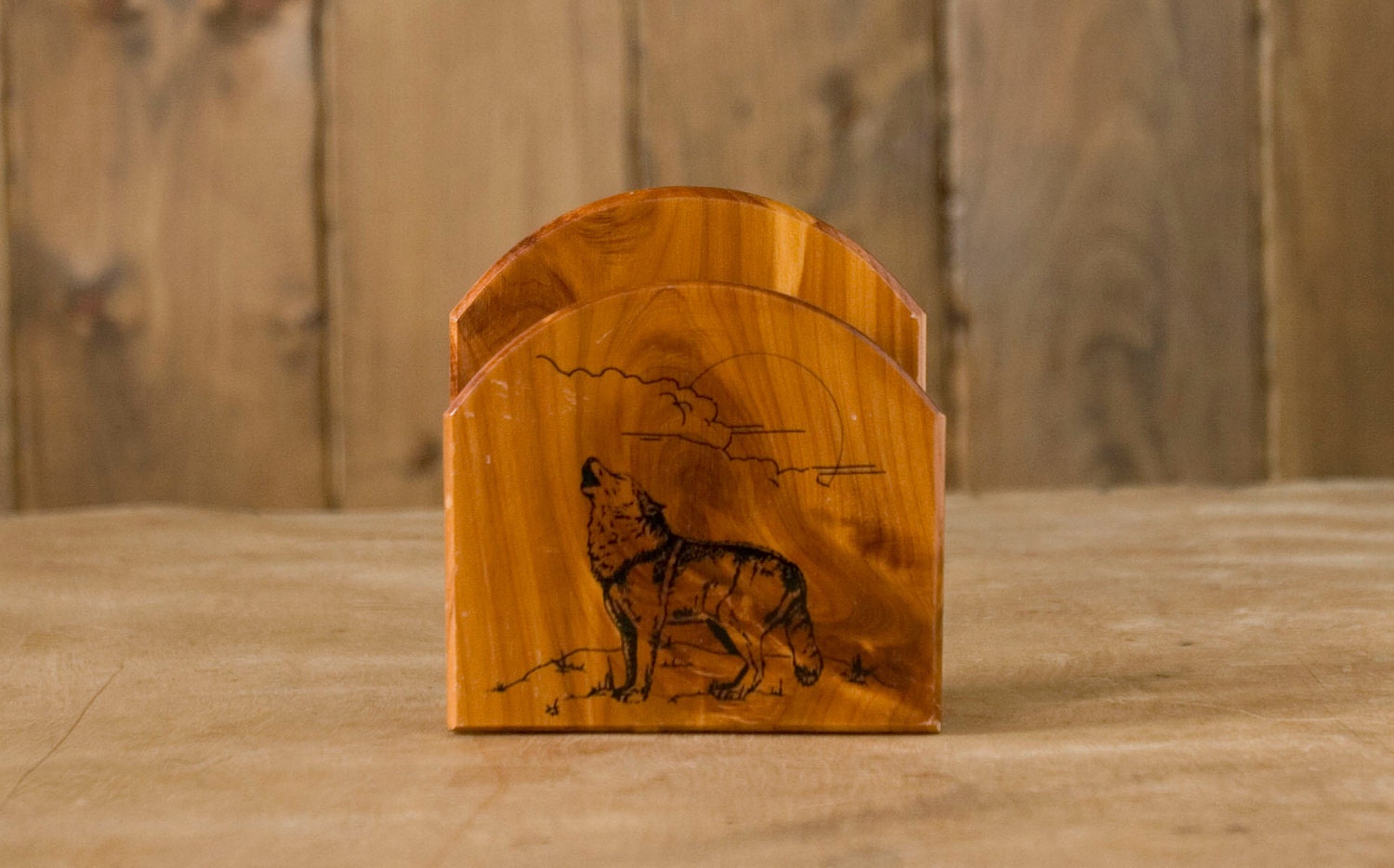 Vintage Wooden Howling Wolf Napkin Holder