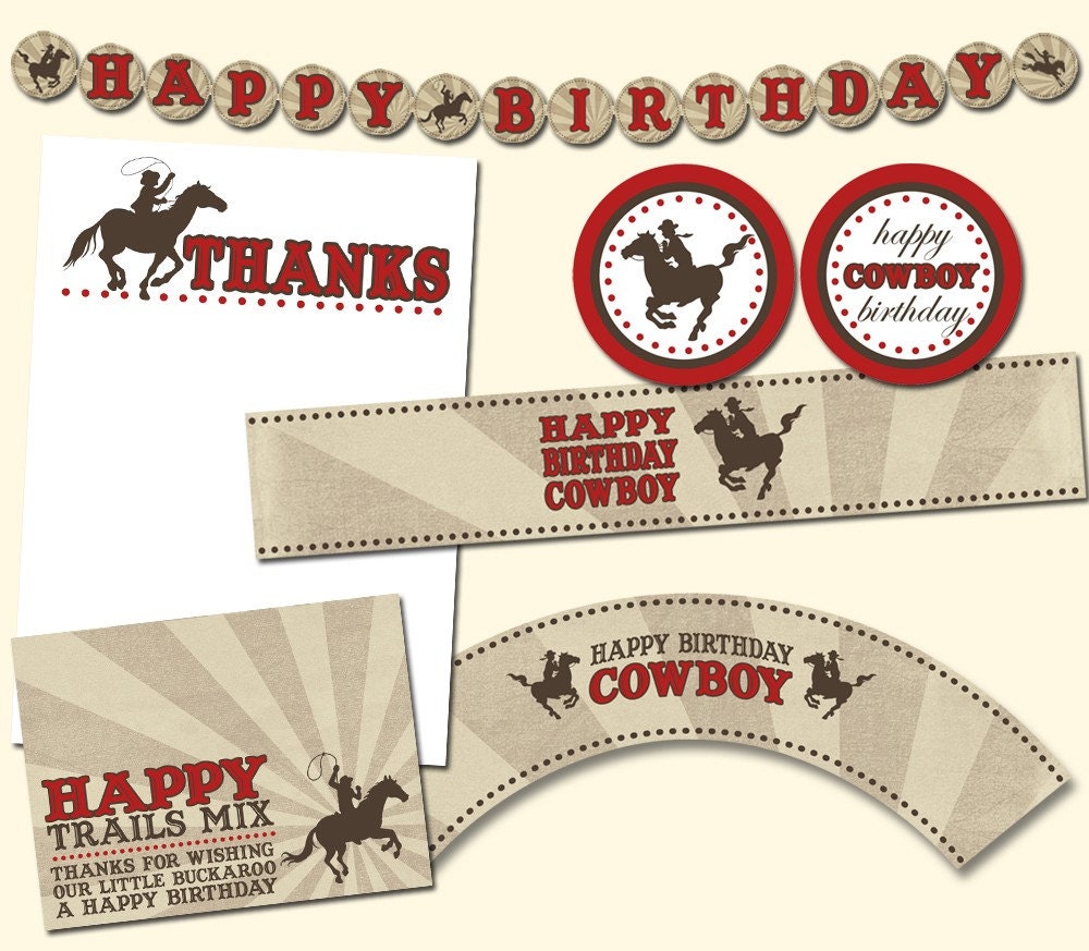 Cowboy Party Printable JPEG (Cupcake Topper and Wrapper, Water Bottle Labels, Thank You Notes, Treat Bags, Banner) Il_170x135