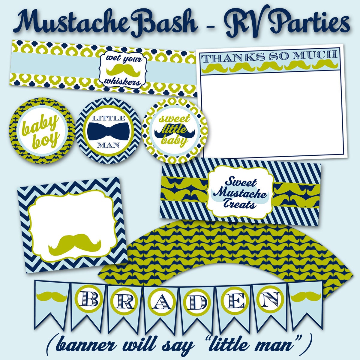 INSTANT DOWNLOAD Mustache Bash Baby Shower Printable PDF (Cupcake Topper/Wrapper, Bottle Labels, Thank Yous, Treat Bags, Banner) Il_570xn