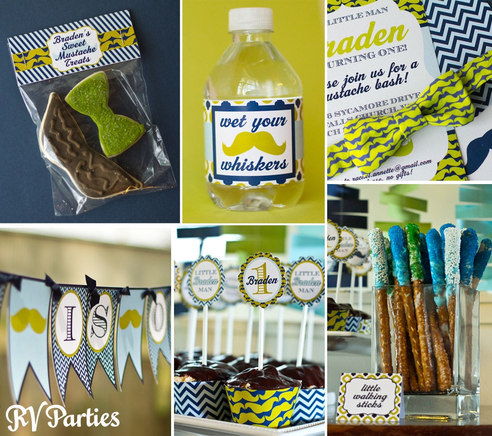 Mustache Bash Little Man Party Pack JPEG (Invitation, Cupcake Topper and Wrapper, Bottle and Food Label, Thank You, Treat Bags, Banner)