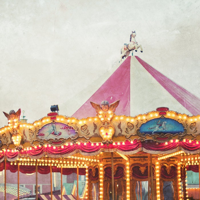 Carousel carnival photograph - fine art photography print - carousel photo dreamy pastel pink nursery art winter