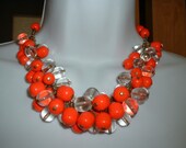 Fubulous Vintage Lucite Clear / Red Orange Handwired Bead Necklace &  Ear  Demi Parure SET