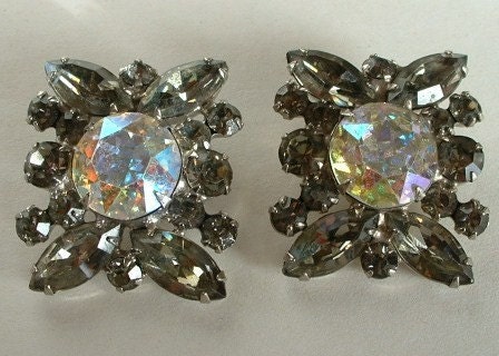 Vintage Earrings 1940 AURORA BOREALIS JULIANA Rhinestone Glam Earrings Stunning & Huge