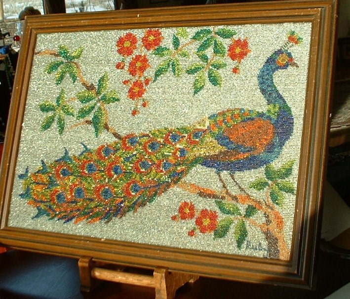 ART DECO Antique Hand Sewn Glass Beaded Peacock with Flowers Painting Needlework Wall Art