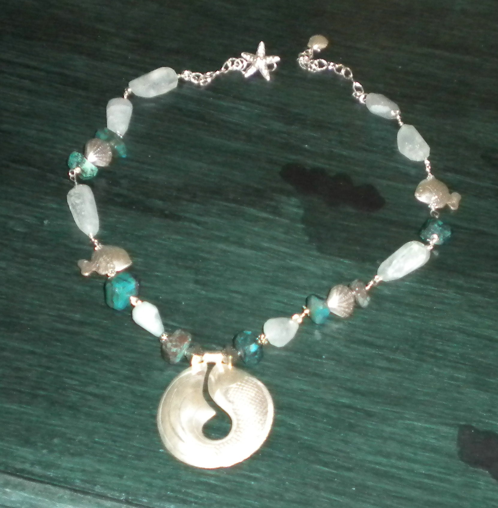 LUCKY FISH NECKLACE, Aquamarine, Chrisacolla, & Hills Tribe Sterling Silver