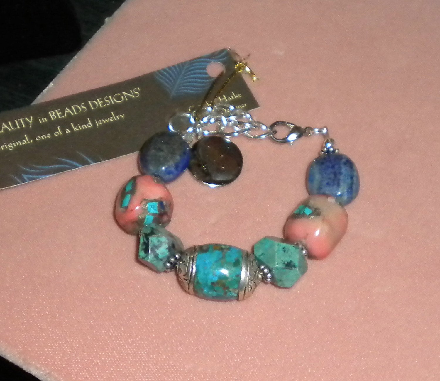 TURQUOISE, PINK CORAL Blue Lapis and Sterling Bracelet