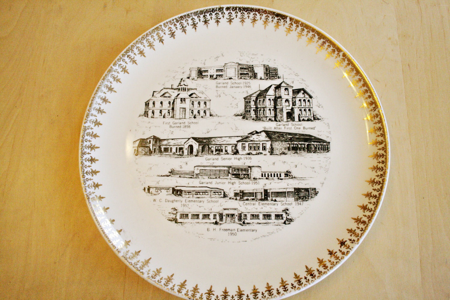 Decorative Plate Commemorating Burned-Down Schoolhouses - White Elephant Gift