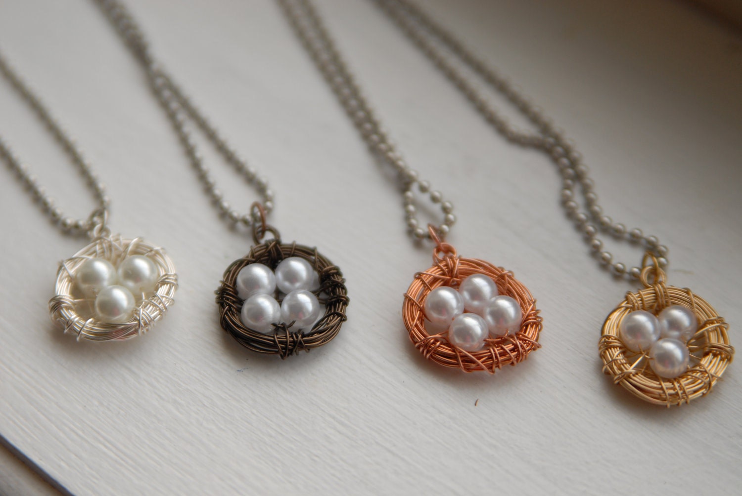 Mama Bird Nest Necklace wire wrapped with pearls