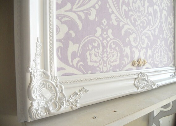 FRAMED MAGNET BOARD Nursery Wedding Decor Lilac Fabric Lavender Pastel Purple Bulletin Board Damask Baroque Shabby Chic Vintage Style