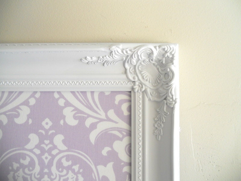 FRAMED MAGNET BOARD Nursery Wedding Decor Lilac Fabric Lavender Pastel Purple Bulletin Board Damask Baroque Shabby Chic Vintage Style