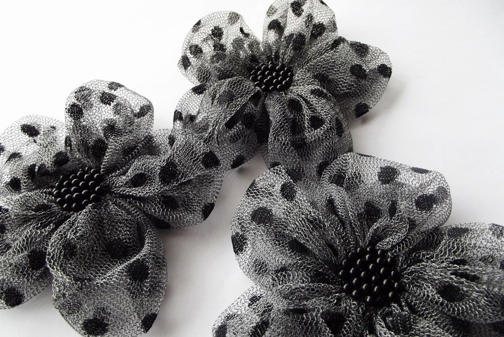 Grey Tulle with Black Dots Flowers Handmade Appliques Embellishments(3 pcs)